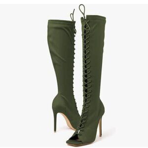 FSJ Green Square Peep Toe Lace Up Knee High Boots Thigh High Heel Zipper Boots